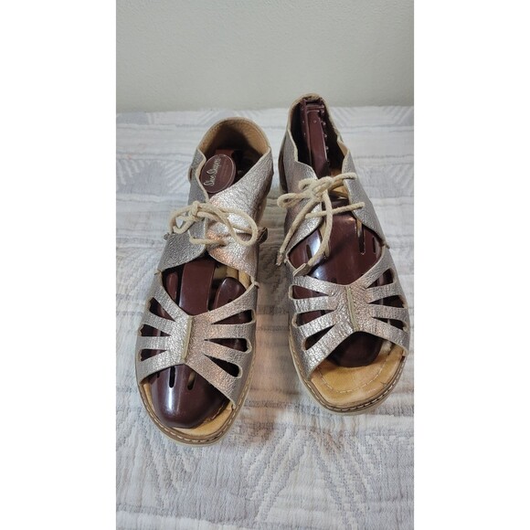 Pikolinos Metallic Leather Lace Up Sandals Size 41 Silver Gold Comfort Shoes - Picture 1 of 11